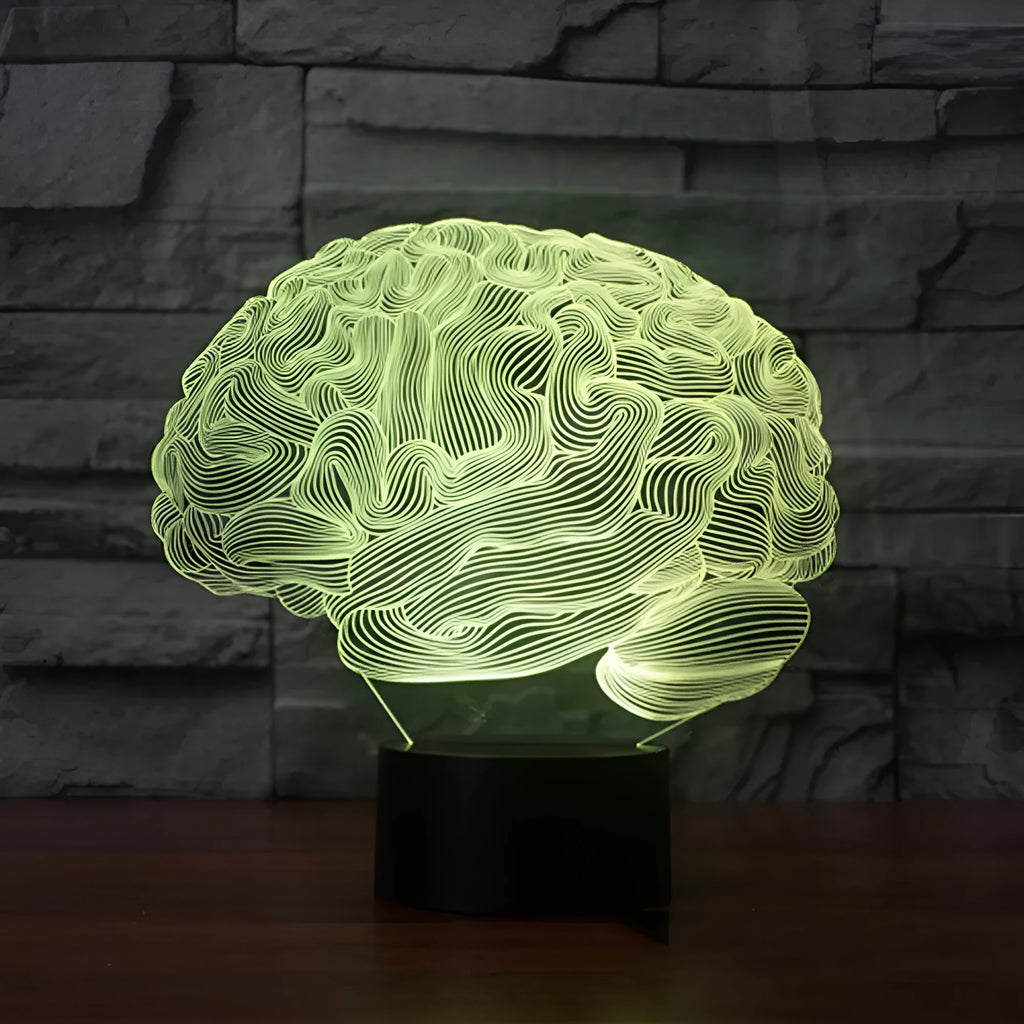 3D brain illusion LED desk lamp on stand with remote control, showing colourful light projection.