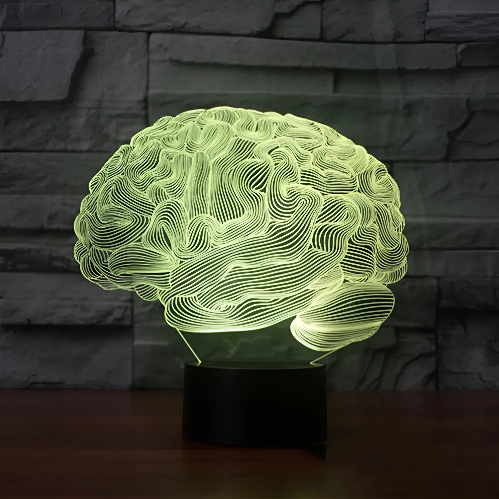 3D brain illusion LED desk lamp on stand with remote control, showing colourful light projection.