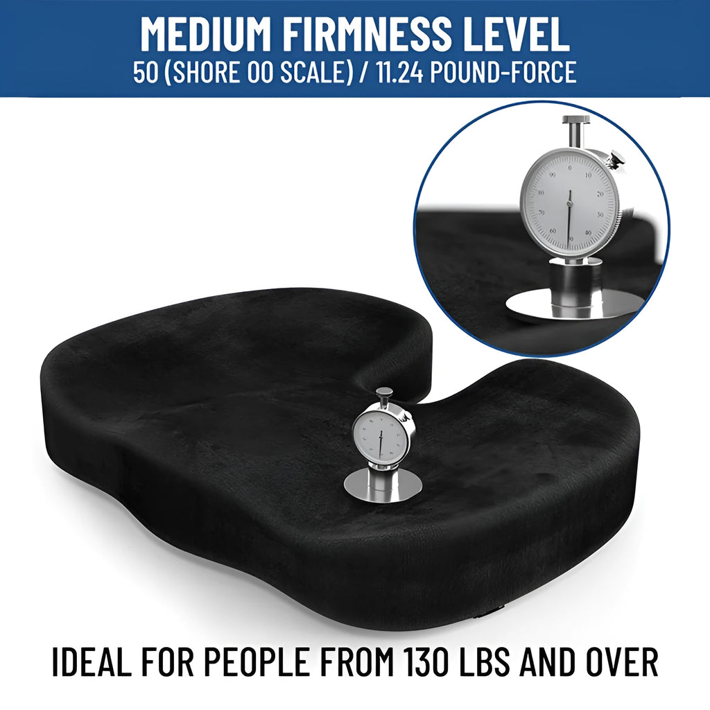 Black flannel memory foam office seat cushion with U-shaped hip support design