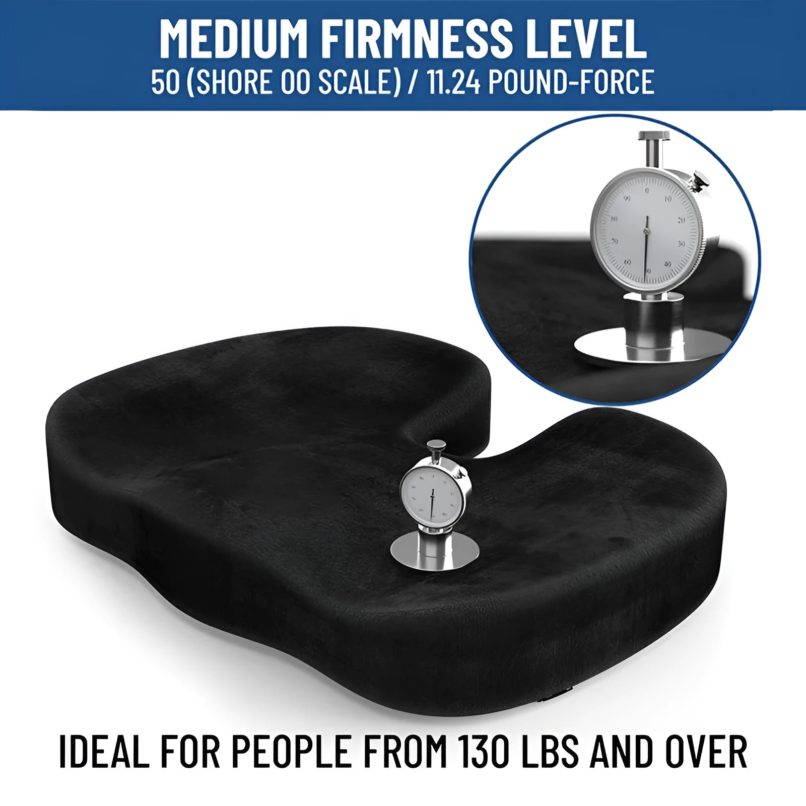 Black flannel memory foam office seat cushion with U-shaped hip support design