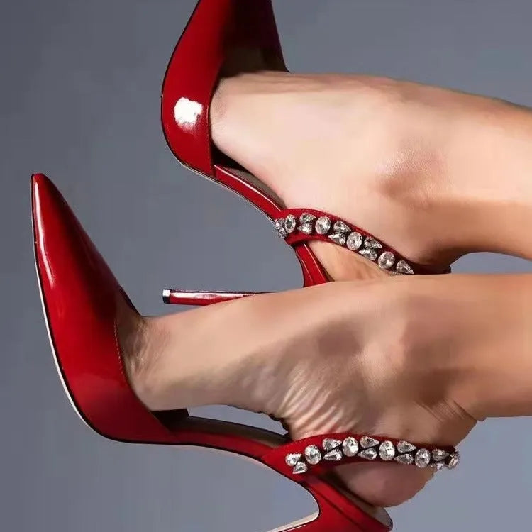 Women's pointed toe high heel sandals with rhinestone side detailing in patent leather