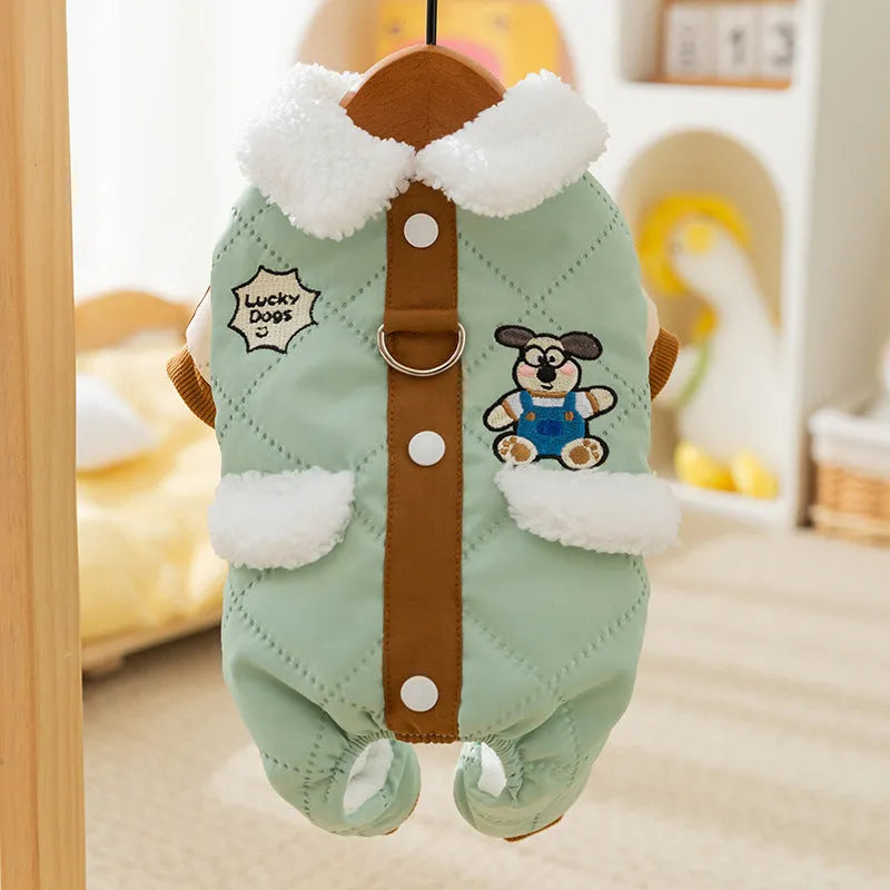 Warm thick quilted cotton dog coat with fleece-lined collar and pockets, cute dog embroidery, and leash ring in green