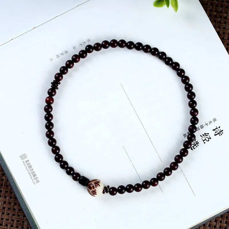 Natural rosewood bracelet with double-ring design, retro floral beads, 10mm, unisex