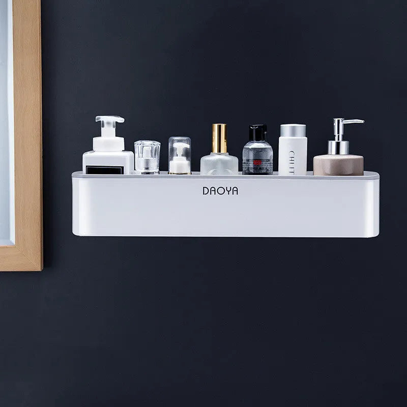 Polished plastic wall mounted bathroom shelf with hole-free installation, black or grey colour options