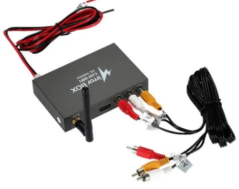 Black car Wi-Fi mirror link box converter with power cable, AV cable, antenna, and manual.