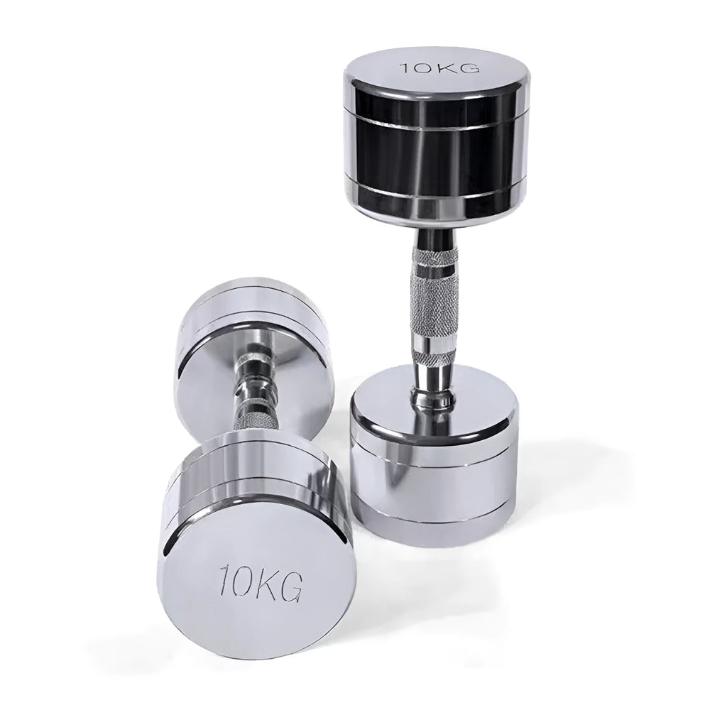 Silver pure steel electroplated dumbbell with ergonomic handle showing weight options