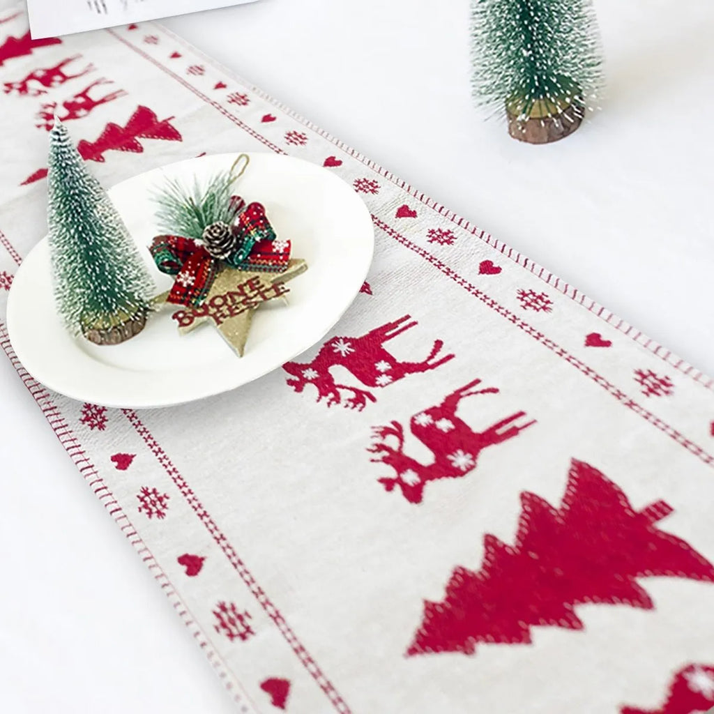 Cotton linen Christmas table runner 35x180cm with elk and snowman print for holiday dining