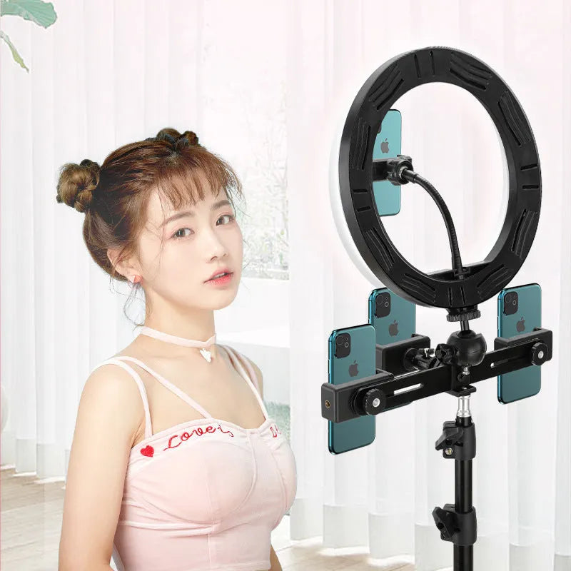 10-inch circular ring light on adjustable metal bracket for smartphone photography