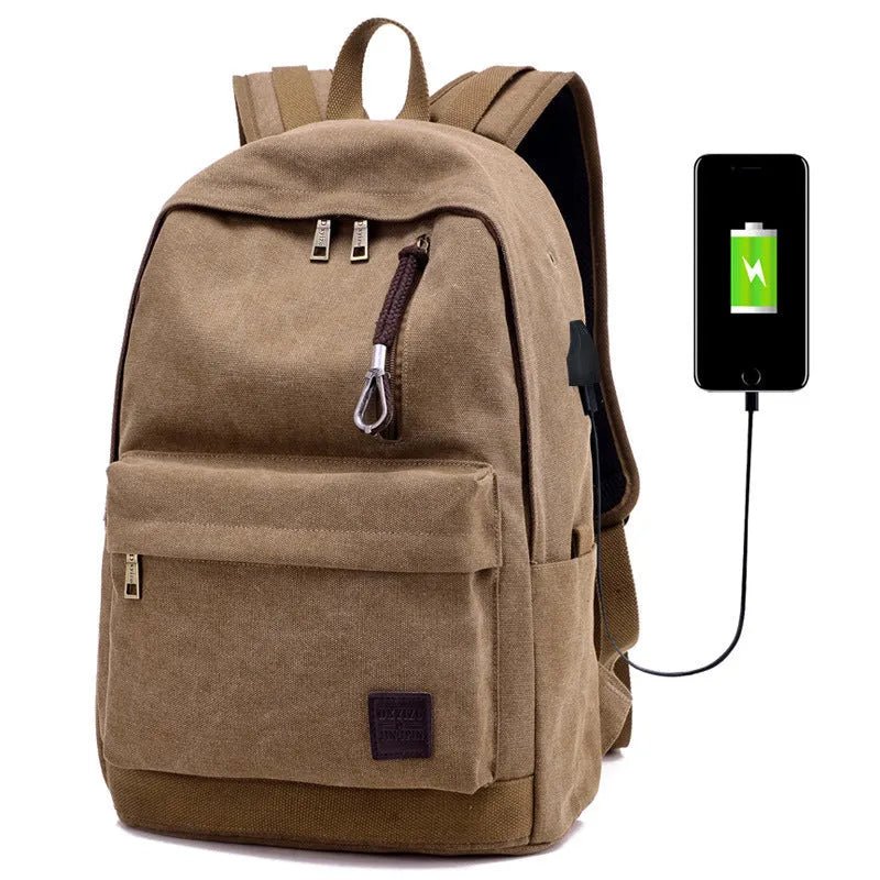 Canvas backpack with USB charging port in grey colour showing compartments