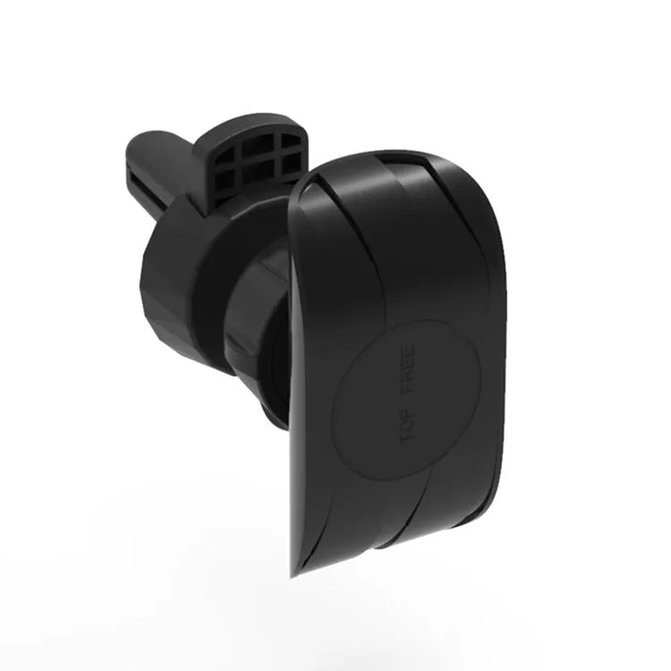 Black car air vent phone holder with magnetic smartphone attachment mounted on vehicle ventilation outlet