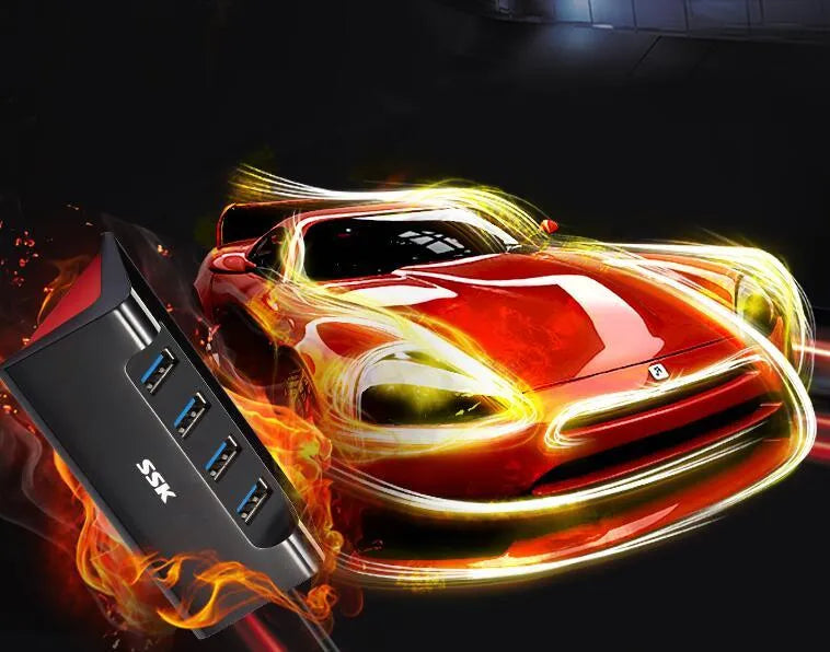 Black ABS 4-port USB expansion dock with USB 3.0 and USB 2.0 interfaces and cable