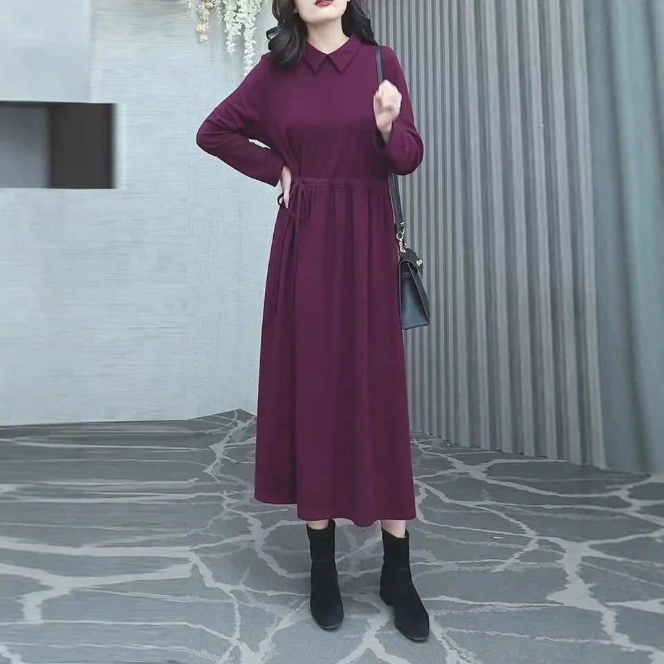 Purplish red plus size women's dress with extra long sleeves and long skirt for autumn and winter wear