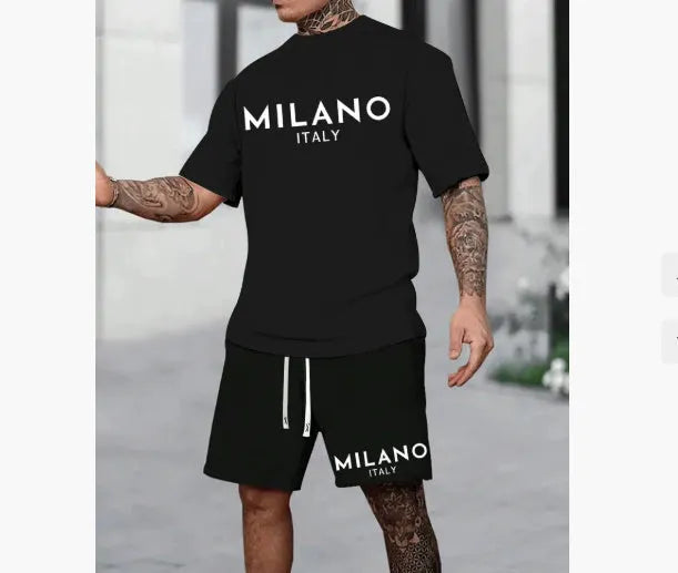 Men's black polyester short sleeve pullover top and matching shorts from a casual suit set.