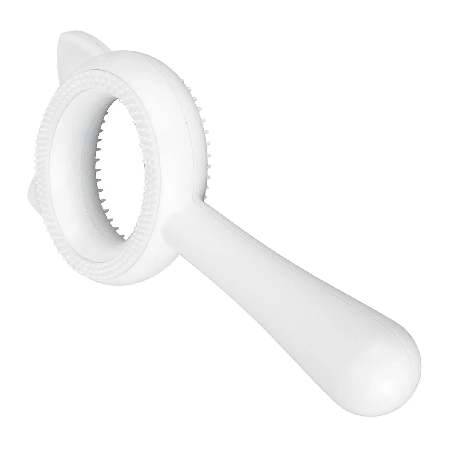 Blue and white double-sided pet grooming brush with a deshedding comb and massage brush head.