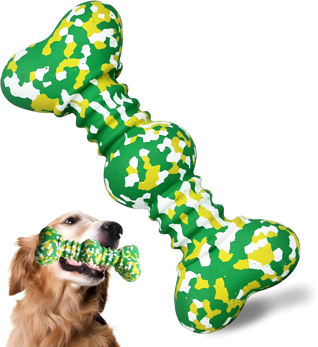 Green, white, and yellow camouflage pattern natural rubber dog chew toy for large breeds.