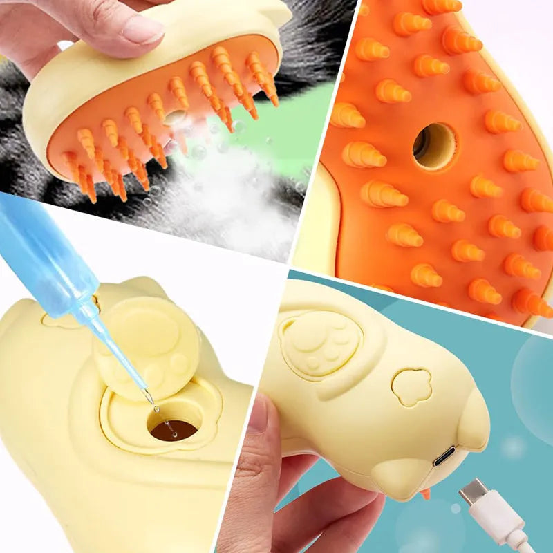 White and grey 3-in-1 steamy pet brush with ergonomic handle for grooming cats and dogs.