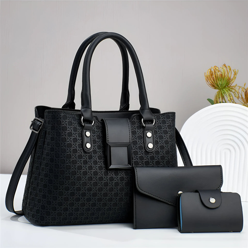Women's three-piece textured PU crossbody bag set showing multiple compartments and woven detailing