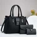 Women's three-piece textured PU crossbody bag set showing multiple compartments and woven detailing