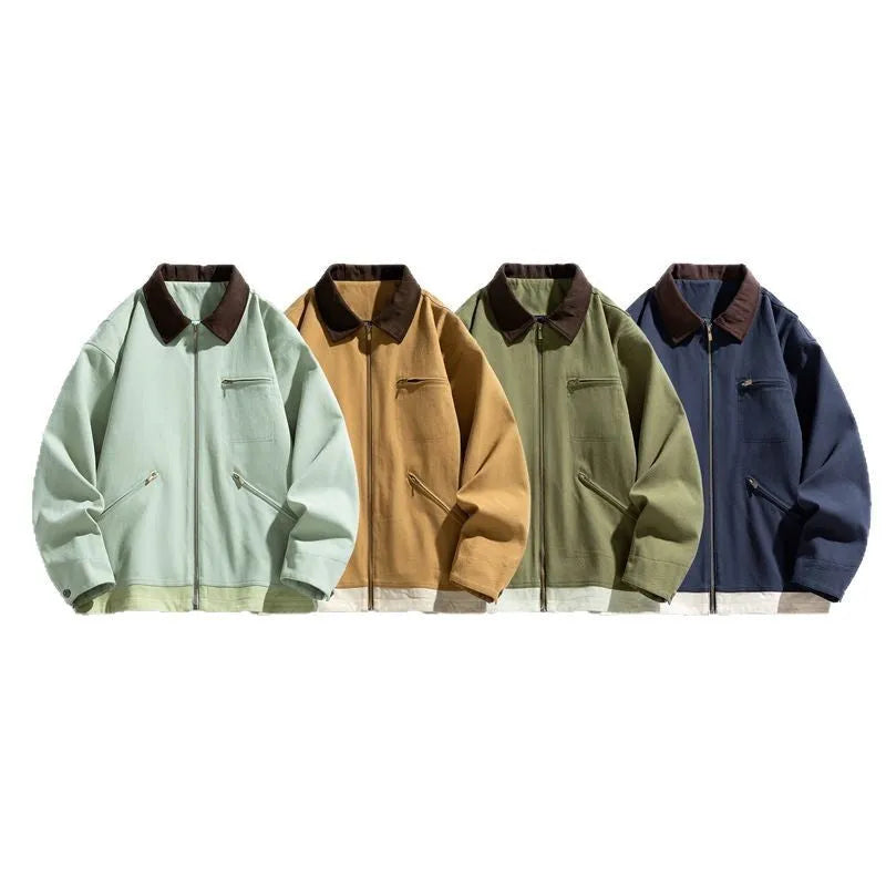 Men's American retro workwear jacket with contrast lapels in loose fit, shown in available colour options