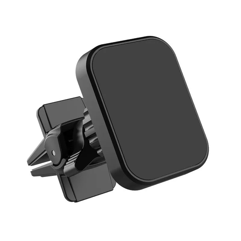 Black magnetic car phone holder mounted on vehicle air vent with mobile phone attached