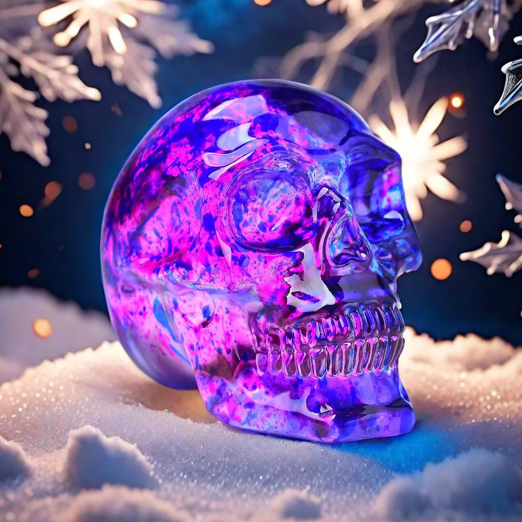 Pink and blue glass floral skull ornament for Halloween or Gothic home décor display