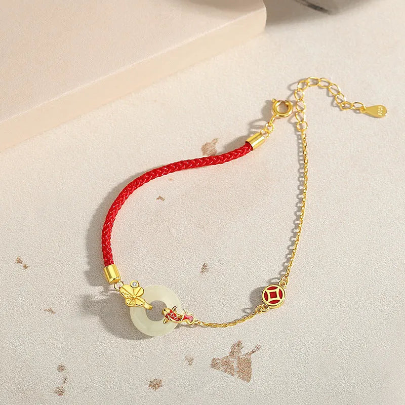 Koi Peace Buckle Hetian Jade Red Rope Bracelet, 925 silver, gold electroplated, retro women's bracelet
