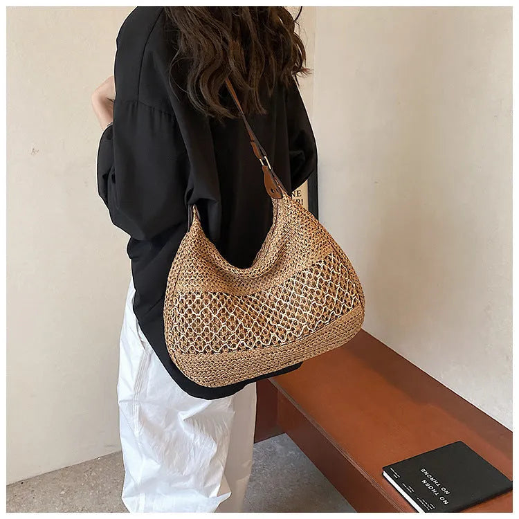 Women's straw cross body bag in khaki or milky white with horizontal square shape and sandwich pocket