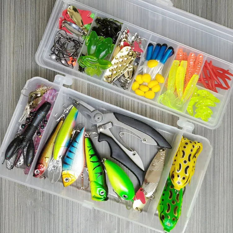 142-piece fishing lure kit featuring metal pliers, hard minnow lures, and sequin lures on a blue background.