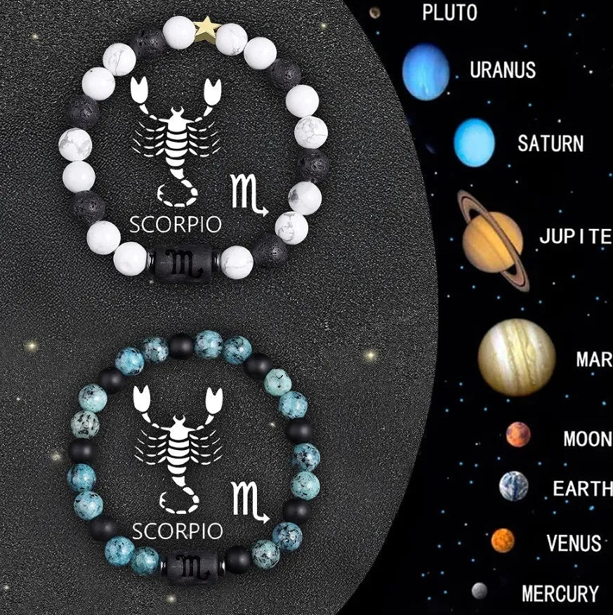Set of twelve natural stone zodiac sign bracelets with elastic closures arranged in circle