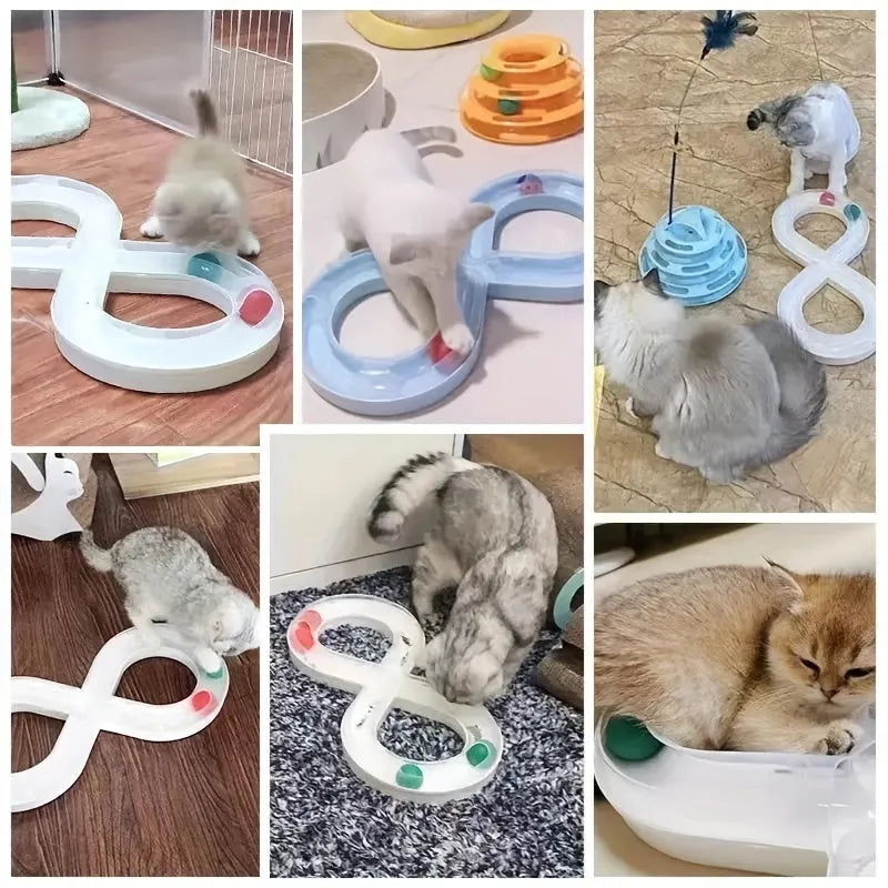 Blue and white plastic cat toy turntable track with a ball and a separate teasing stick.