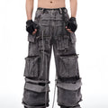 Grey distressed denim mop pants with rope stitching, American-style overalls, front view