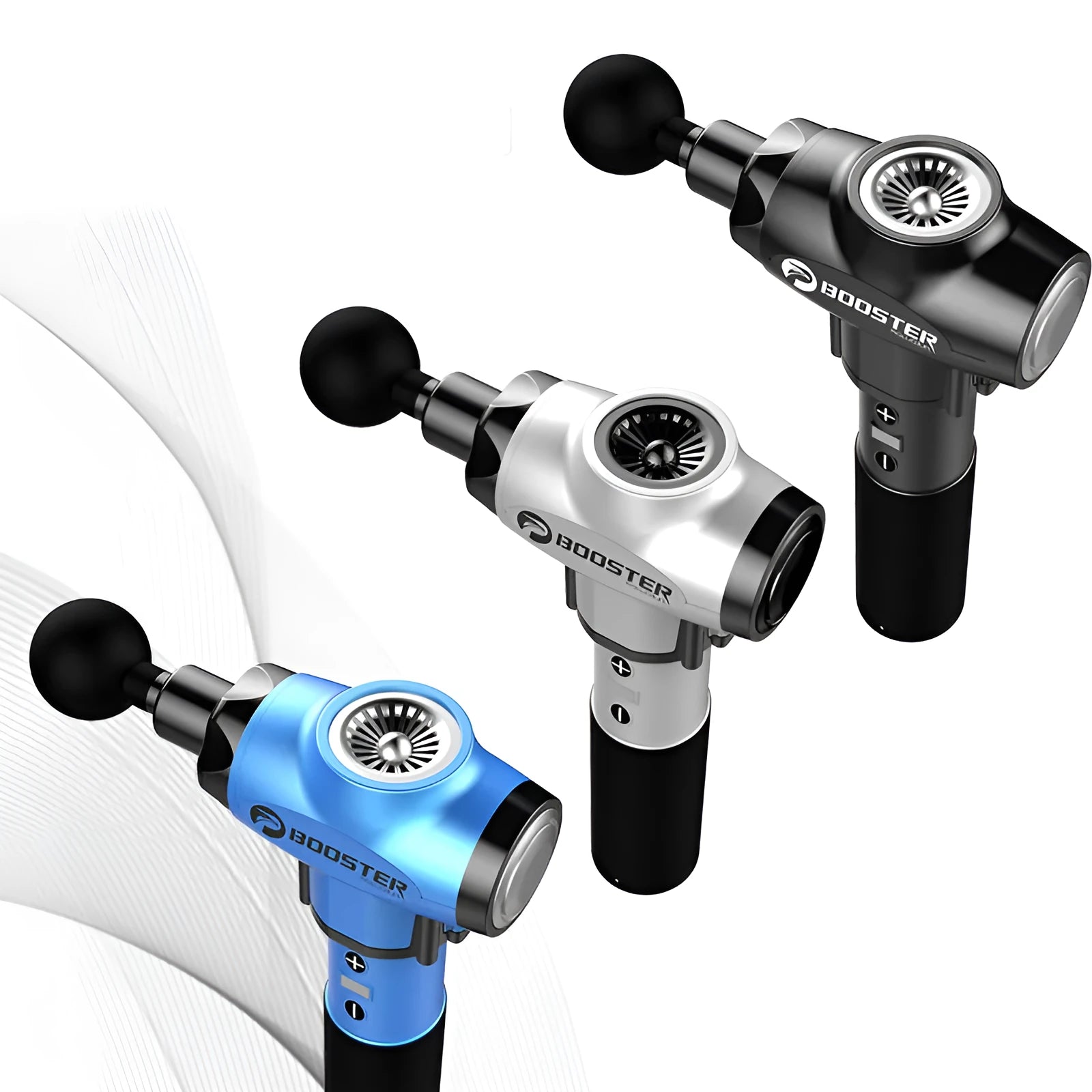 Black and white portable massage gun with variable speed control for muscle relaxation