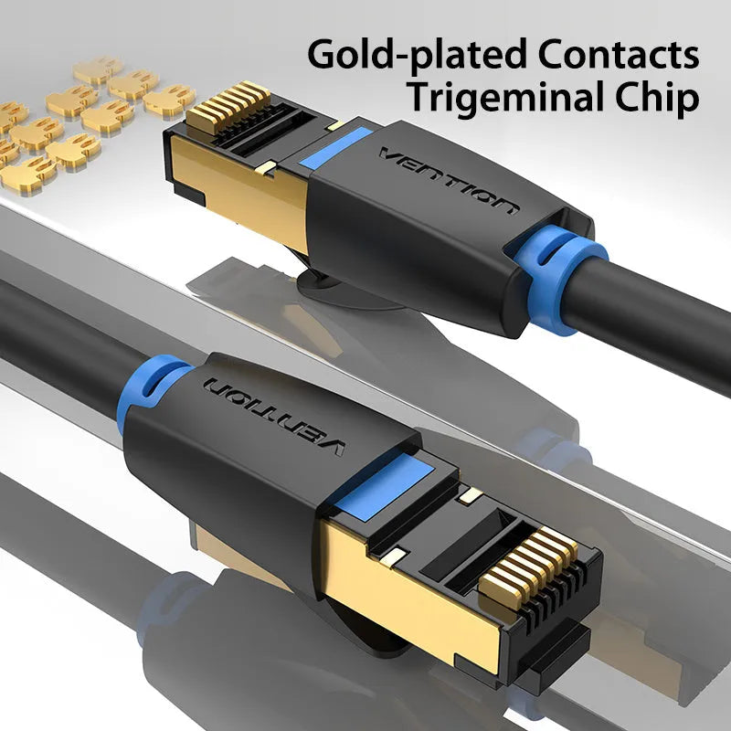 Shielded Cat8 Ethernet network cable with RJ45 connectors, showing flat and round style options.