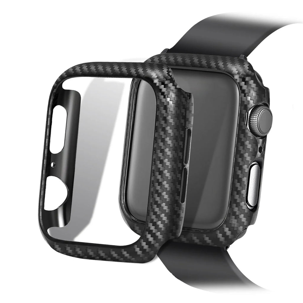 Carbon fiber leather Apple Watch strap with PC hard shell case in black line colour for 42 44mm size
