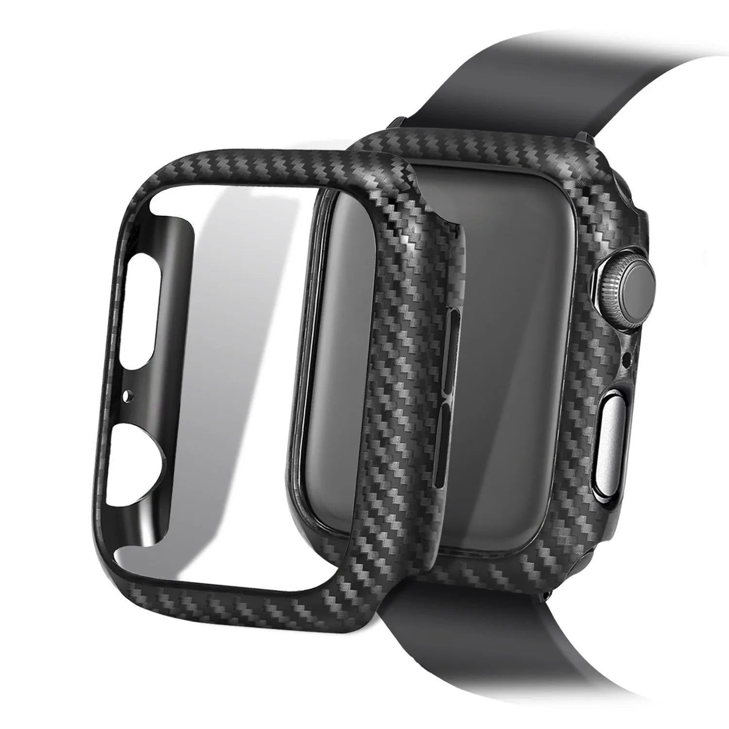 Carbon fiber leather Apple Watch strap with PC hard shell case in black line colour for 42 44mm size