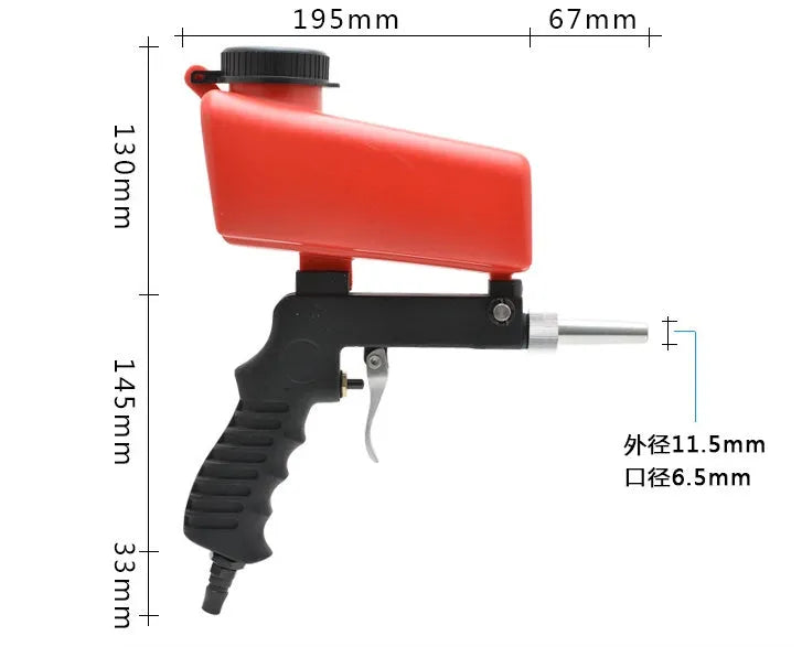 Small black and blue gravity feed pneumatic sandblasting gun with nozzle.