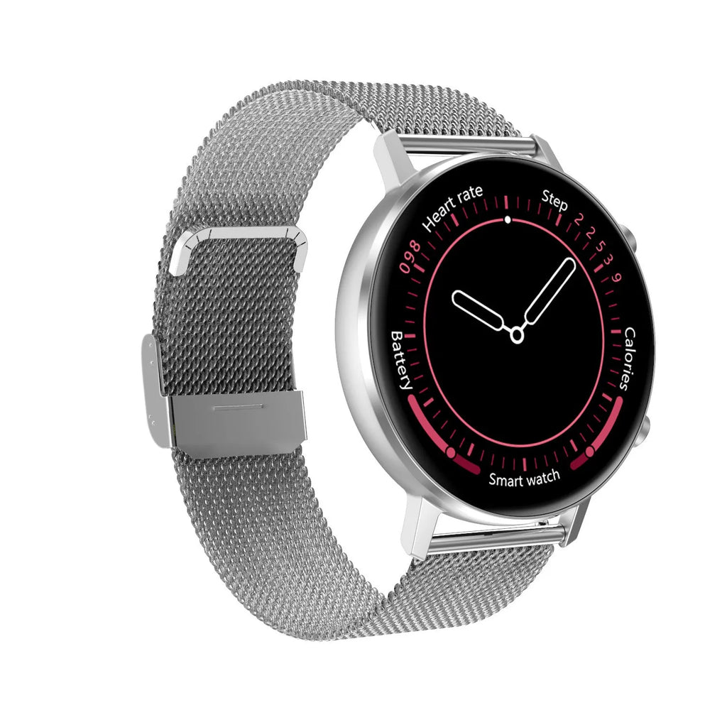 DT96 smart bracelet with steel strap and 1.3-inch display showing activity metrics