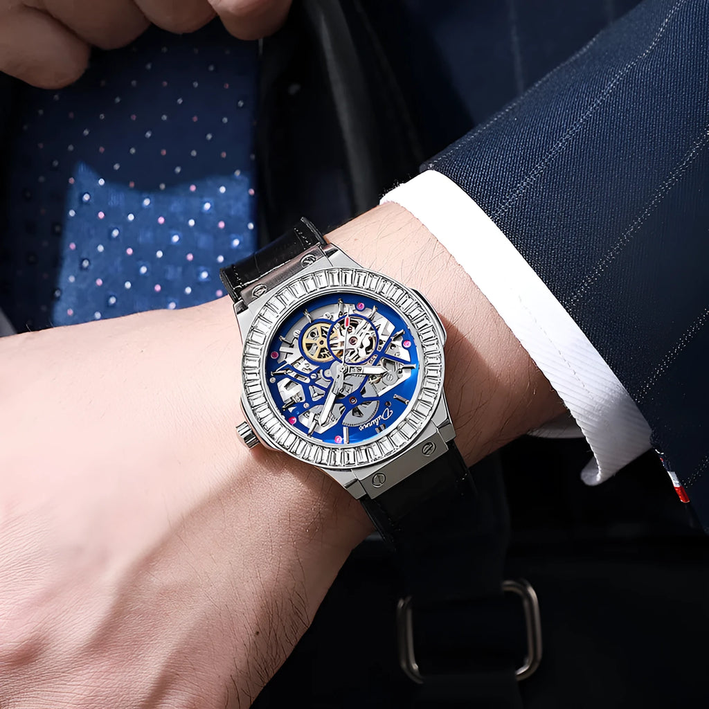 Men's automatic skeleton watch with diamond details on movement, white shell case, and black dial.