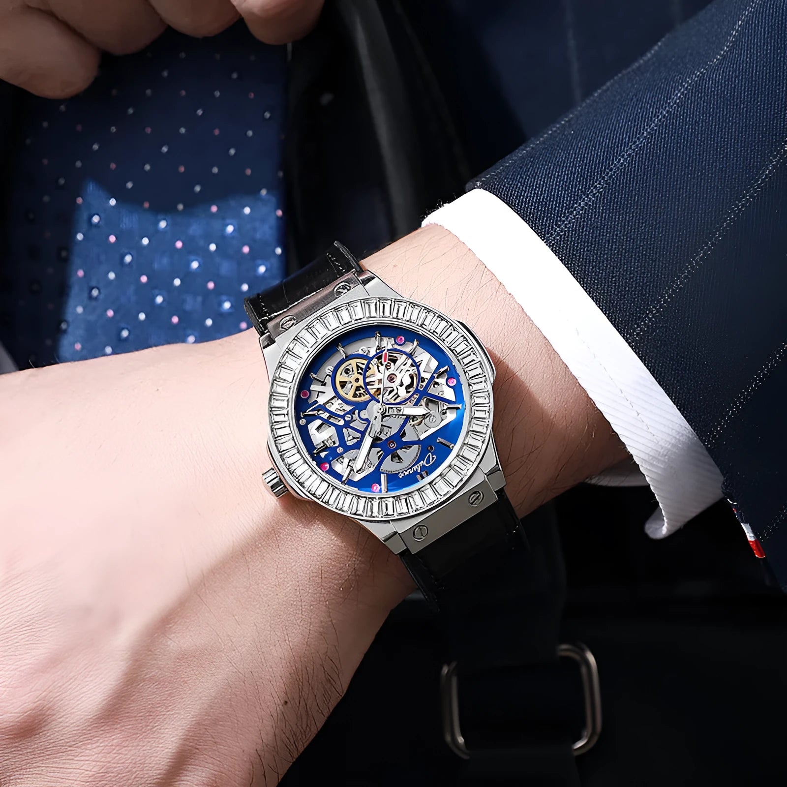 Men's automatic skeleton watch with diamond details on movement, white shell case, and black dial.