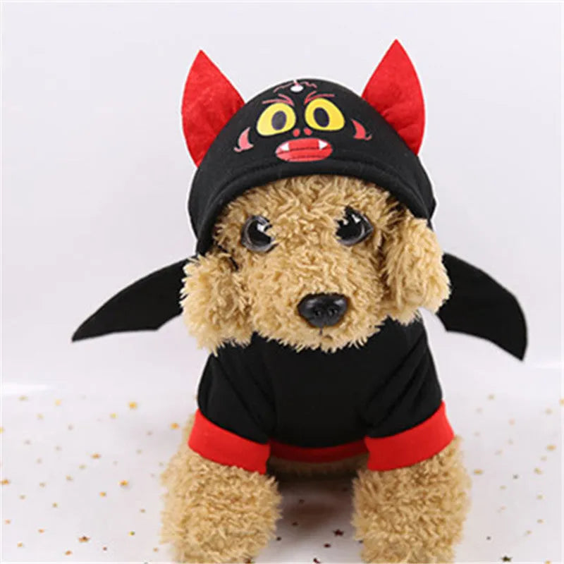Halloween bat wings pet clothes sweater on dog with red and black wings, black fleece fabric, hooded two-legged style