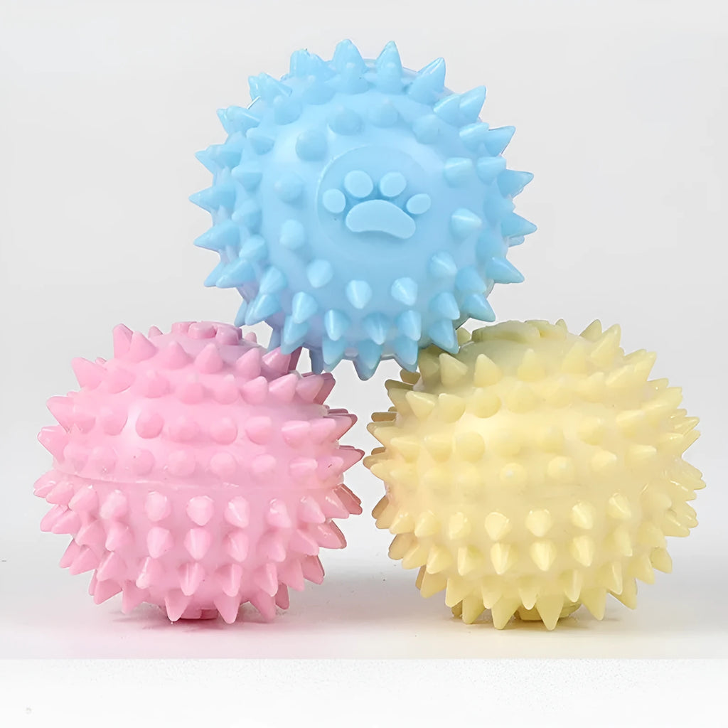 Blue TPR rubber chewing ball for dogs with footprint design and textured surface for tooth cleaning