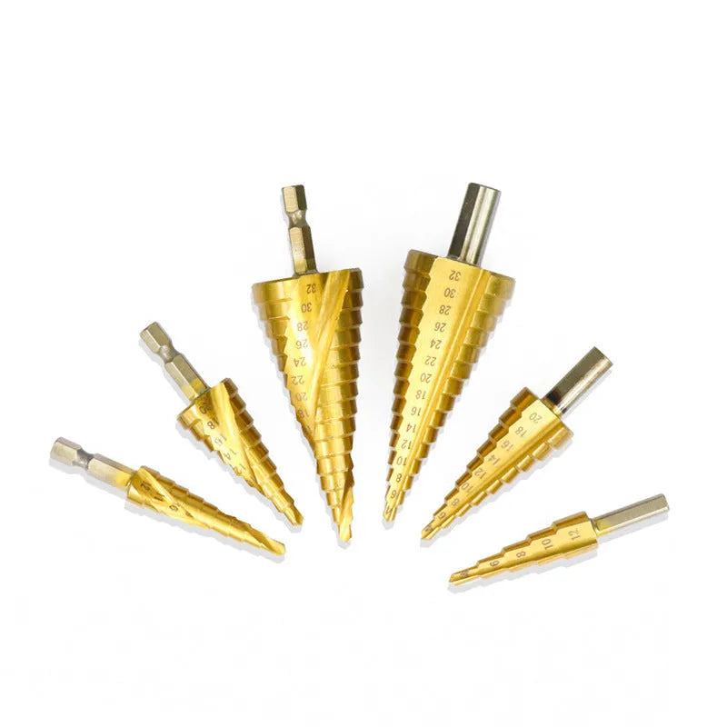 High speed steel cone step drill bit and centre punch set for metalworking.