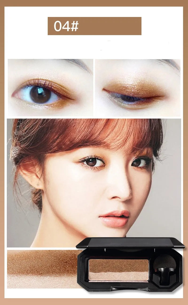 Dual-color shimmer eyeshadow compact with two coordinated powder shades in a small black case