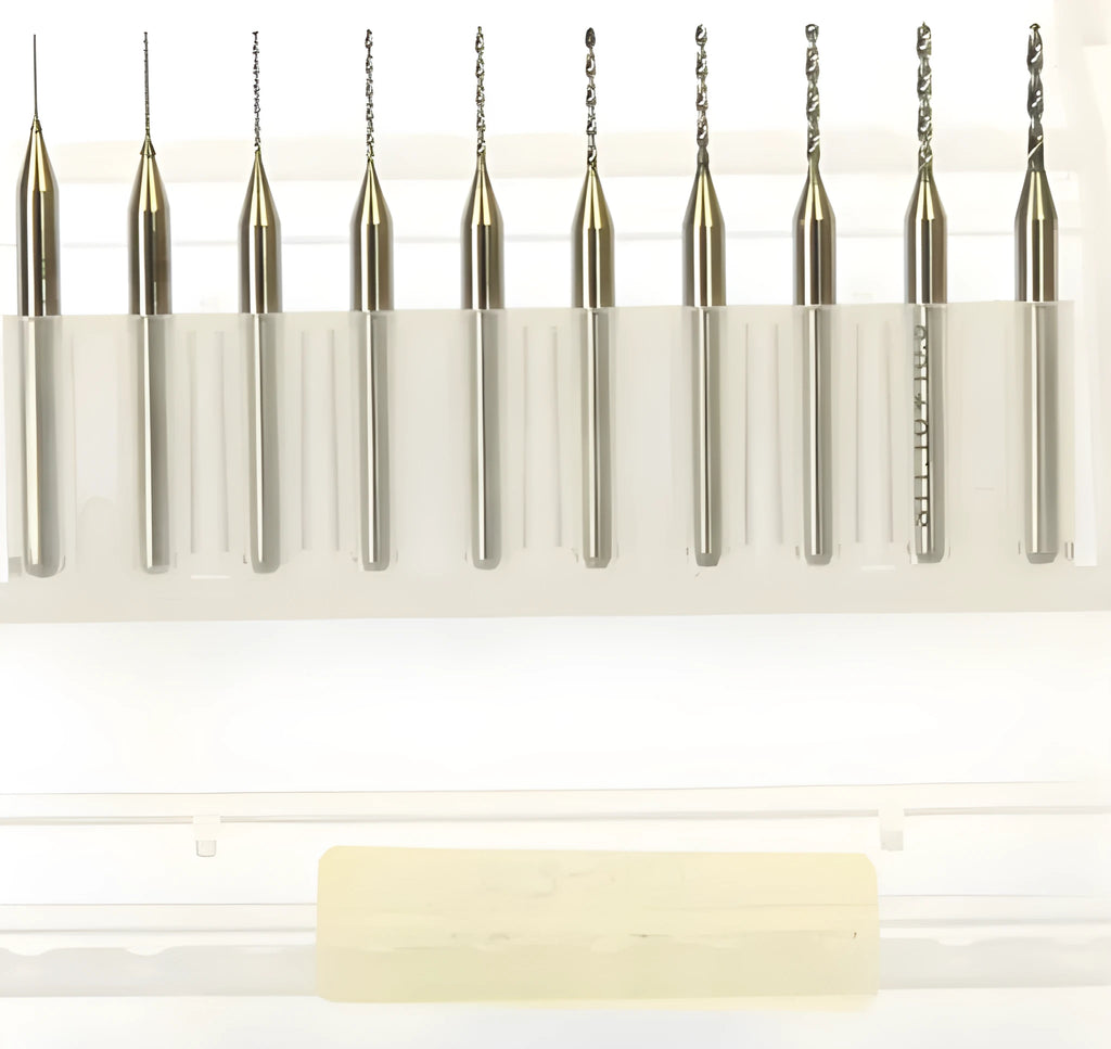Close-up of imported tungsten carbide micro-engraving bits for precision circuit board and electronics work.