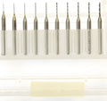 Close-up of imported tungsten carbide micro-engraving bits for precision circuit board and electronics work.