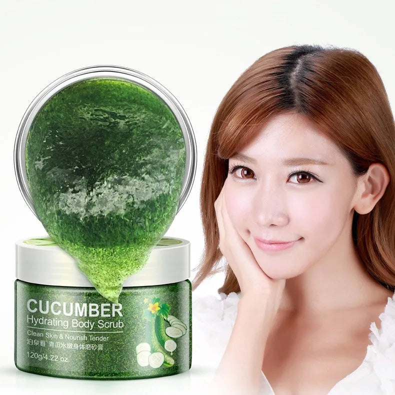 Green cucumber facial scrub jar for skin brightening and gentle exfoliation