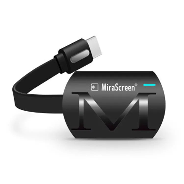 Black smartphone screen mirroring dongle with USB and HDMI connectors for 1080p display output