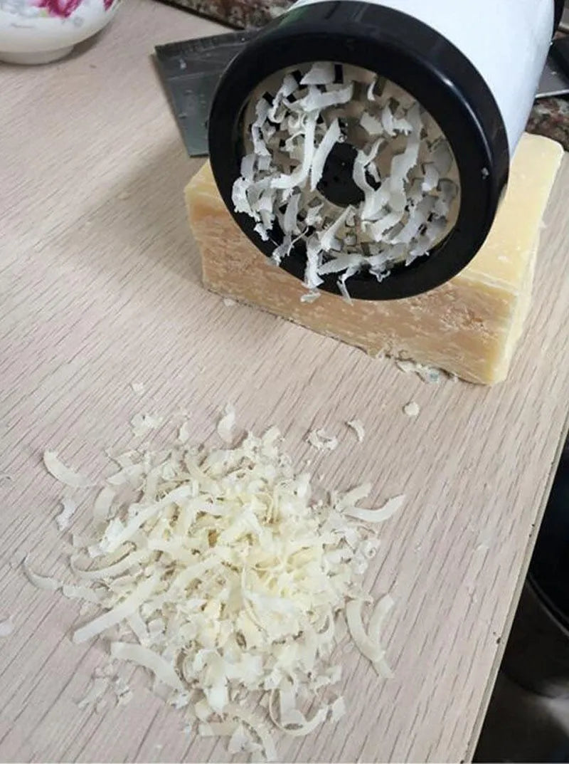 Stainless steel rotary cheese grater mill with two blades, 17 x 7.3cm, black and white finish
