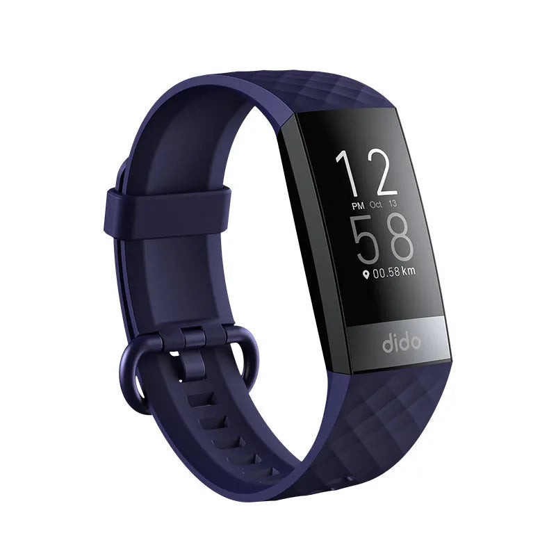Black smart bracelet with screen showing blood pressure and heart rate data on a wrist.