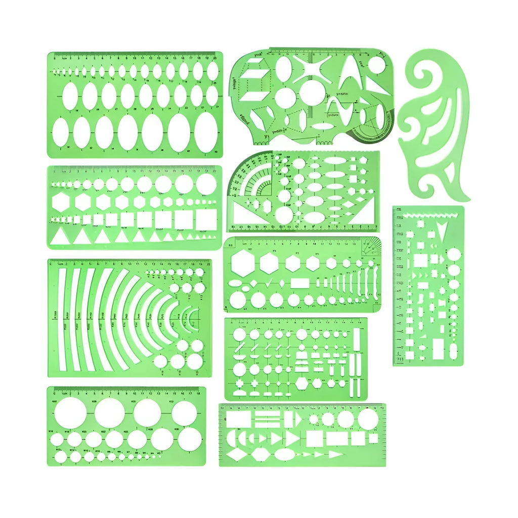 Clear green plastic geometric drawing templates set with eleven pieces and poly zipper envelope on white background